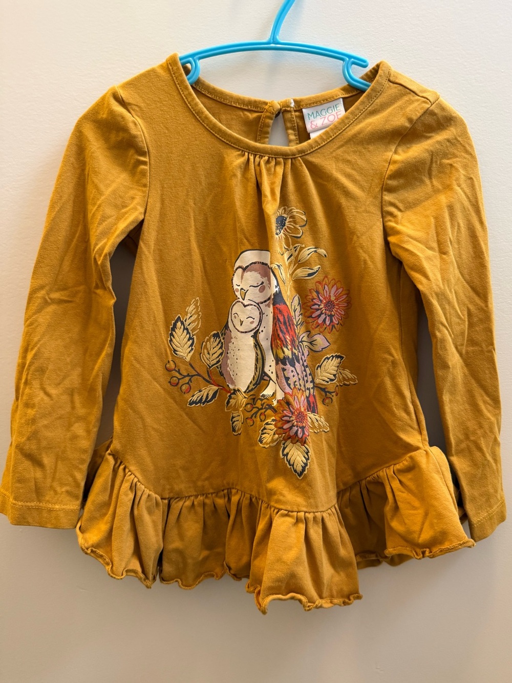 Maggie & Zoe Girls Mustard Owl & Floral Peplum Top Size 2T